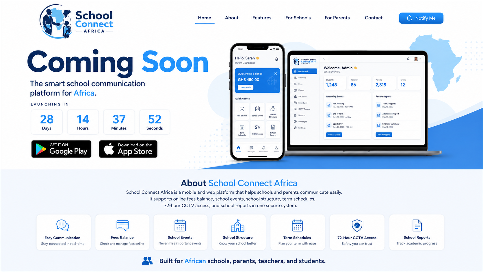 School Connect Africa coming soon website with countdown, app store buttons, logo, app preview and about section